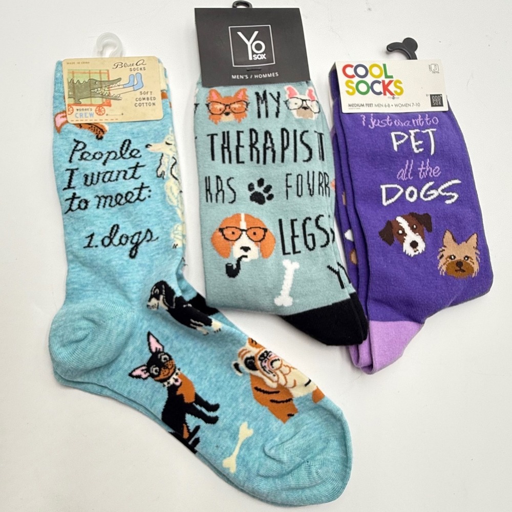 Lot of 3 Dog-Themed Novelty Socks — Blue Q, Yo Sox, Cool Socks/Odd Sox — NWT